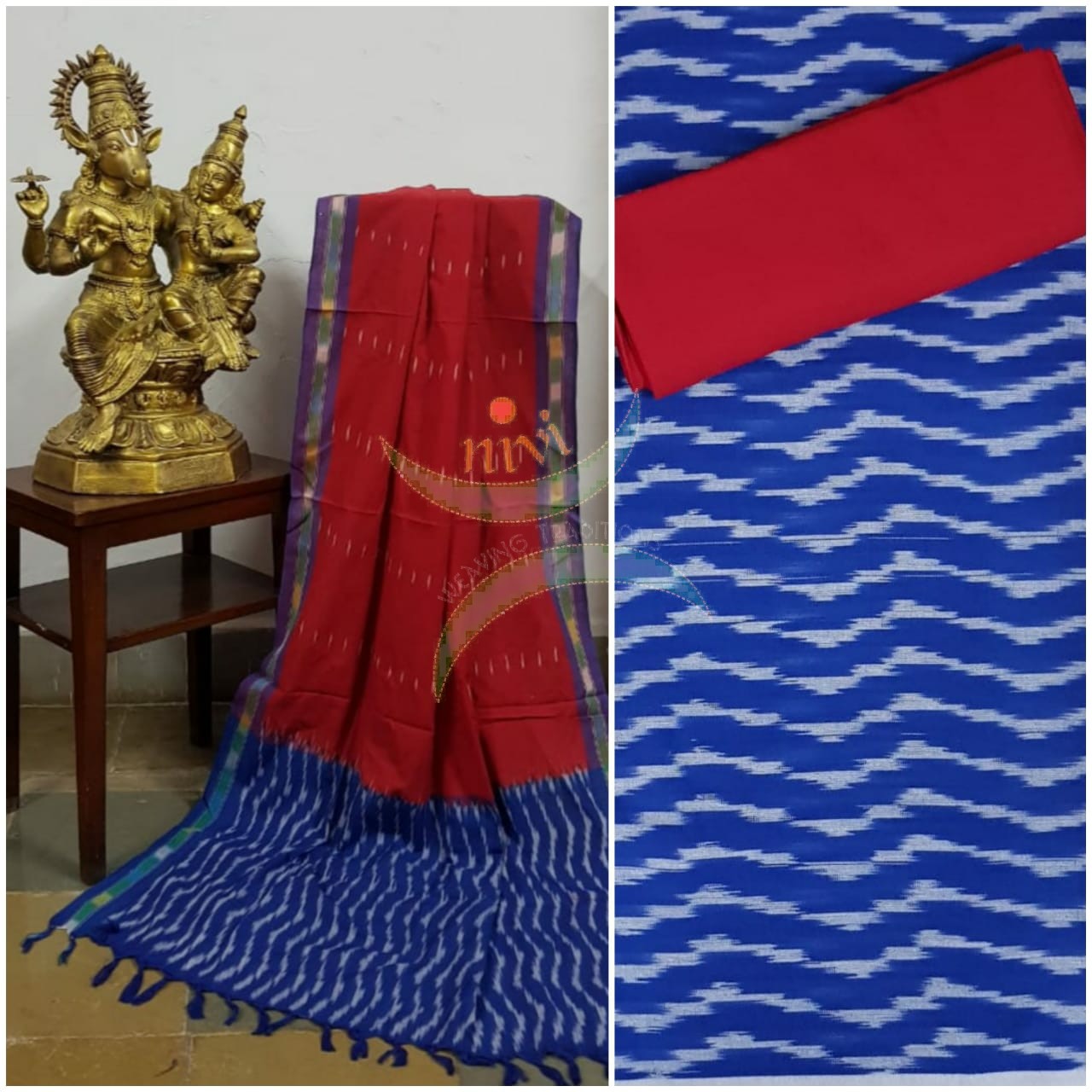 Blue and red combination handloom pochampalli ikat cotton 3 piece suit set