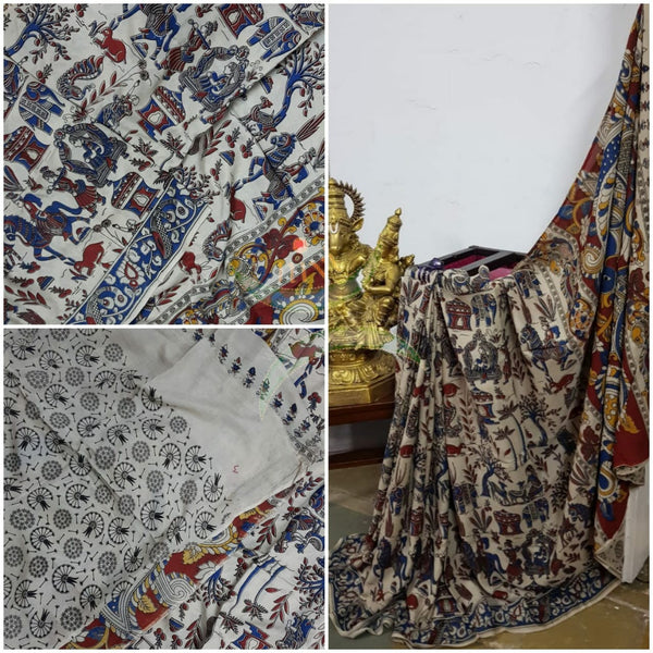Off white handloom chennur silk kalamkari with village scene motif on body and peacock motif on pallu. The Saree comes with kalamkari printed blouse piece.