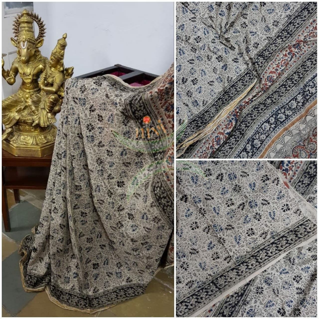 Cream handloom venkatagiri cotton kalamkari saree with all over floral motifs. The Saree comes with kalamkari printed blouse piece.