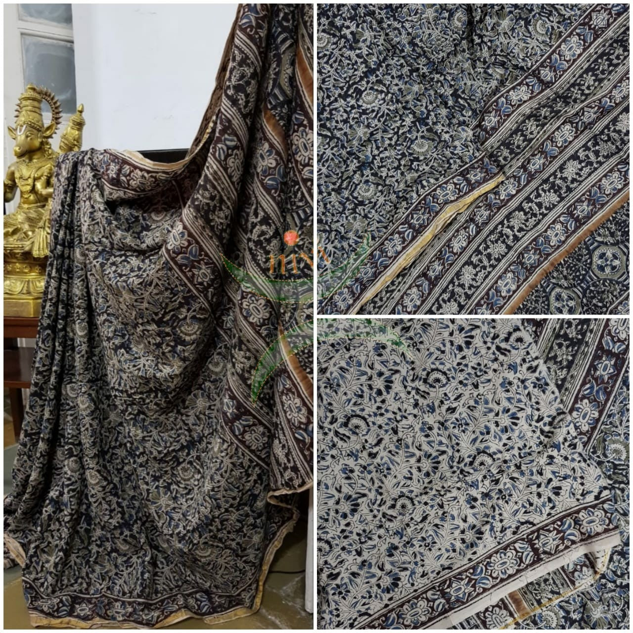 Black shot with navy blue handloom venkatagiri cotton kalamkari saree with all over floral motifs. The Saree comes with kalamkari printed blouse piece.