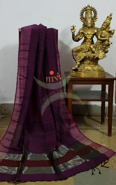 Purple 80's count handloom linen dupatta with subtle silver borders.