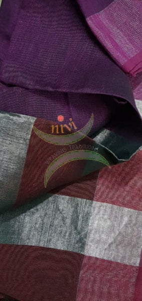 Purple 80's count handloom linen dupatta with subtle silver borders.