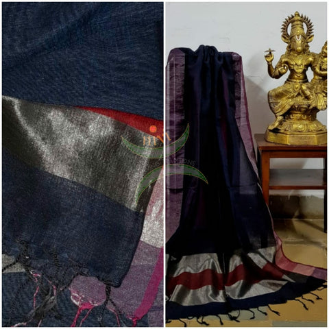 Navy blue  80's count handloom linen dupatta with subtle silver borders.