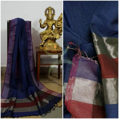 Blue 80's count handloom linen dupatta with subtle silver borders.
