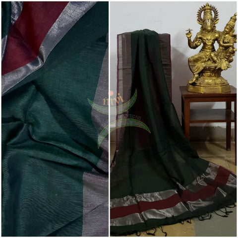 Bottle green 80's count handloom linen dupatta with subtle silver borders.