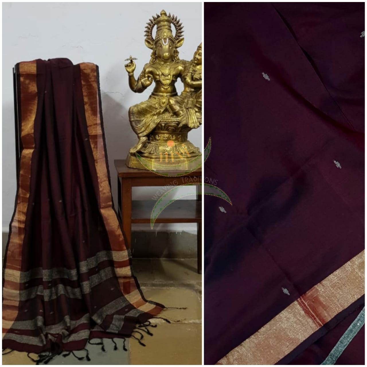 Maroon handloom dupatta subtle gold borders and buttis on the body. And striped geecha borders