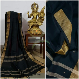Bottle green handloom dupatta subtle gold borders and buttis on the body. And striped geecha borders