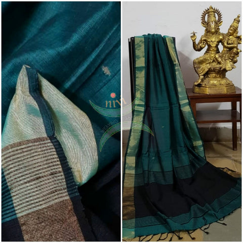 Teal green handloom dupatta subtle gold borders and buttis on the body. And contrasting black borders