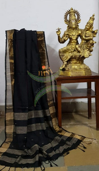 Black handloom dupatta subtle gold borders and buttis on the body. And striped geecha borders