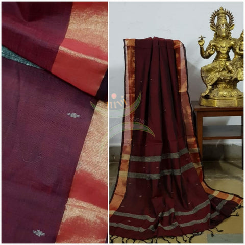 Reddish Maroon handloom dupatta subtle gold borders and buttis on the body. And striped geecha borders