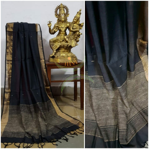 Black handloom dupatta subtle gold borders and buttis on the body. And geecha borders
