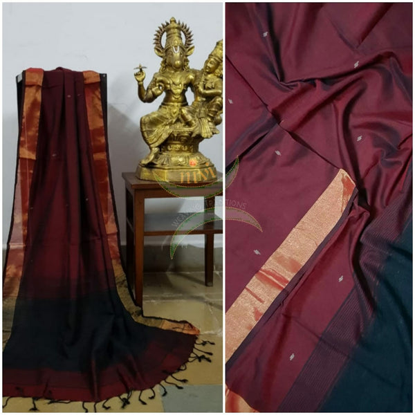 Maroon handloom dupatta subtle gold borders and buttis on the body. And contrasting black borders