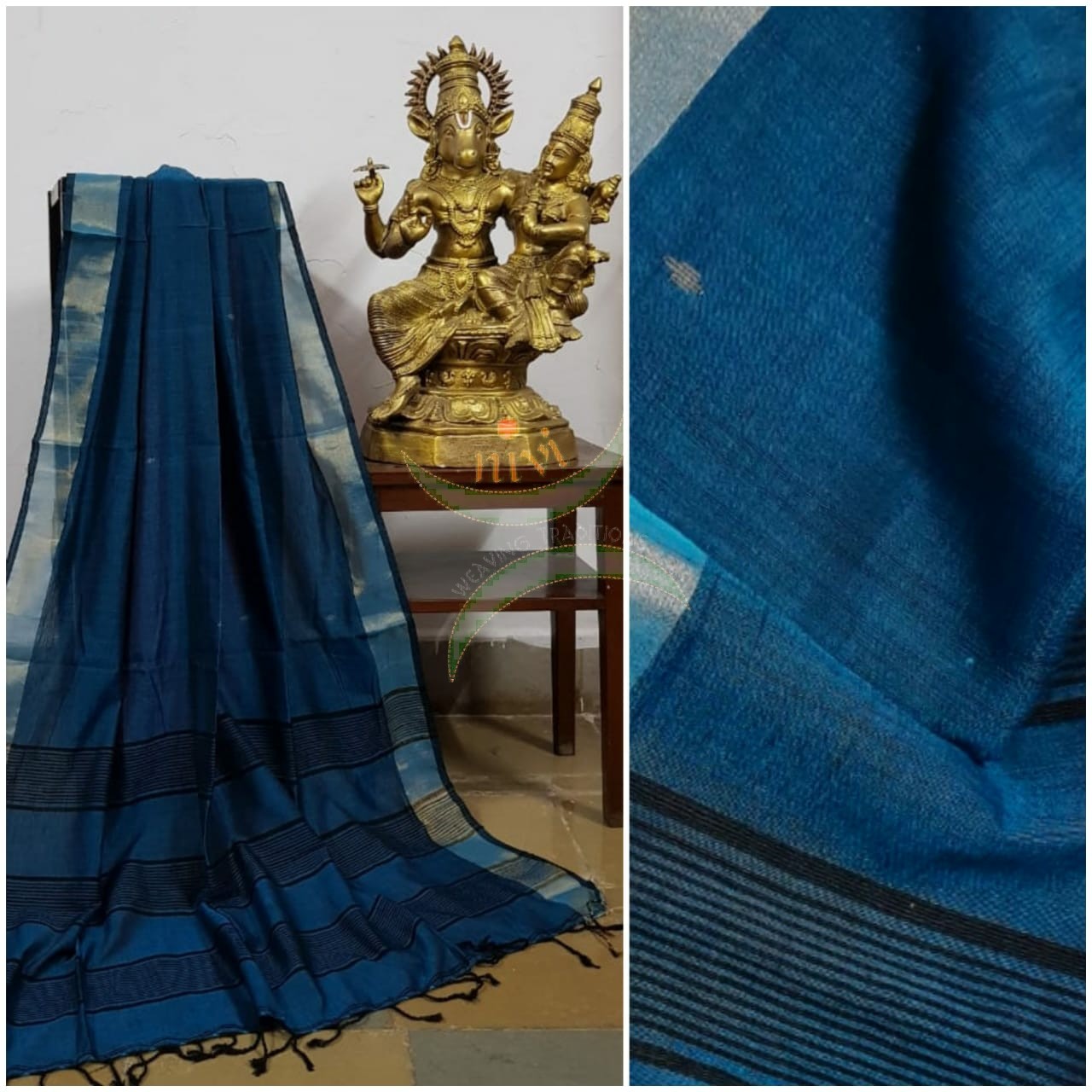 Teal blue handloom dupatta subtle gold borders and buttis on the body. And striped black borders