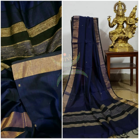 Royal blue shot with black handloom dupatta subtle gold borders and buttis on the body. And striped geecha and black borders