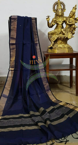 Royal blue shot with black handloom dupatta subtle gold borders and buttis on the body. And striped geecha and black borders