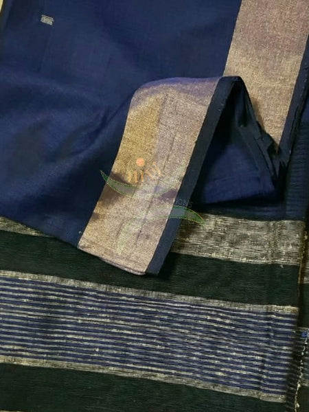 Royal blue shot with black handloom dupatta subtle gold borders and buttis on the body. And striped geecha and black borders