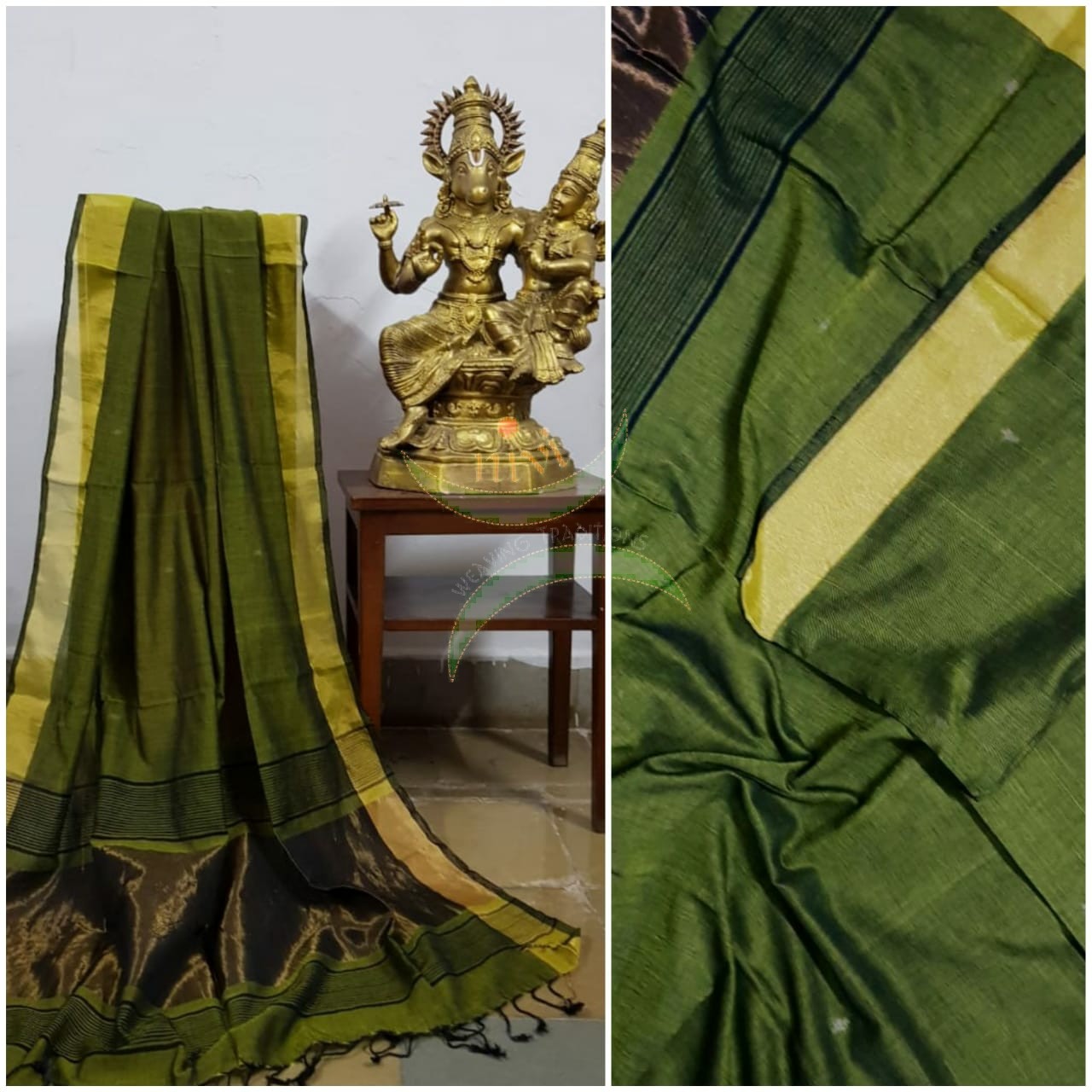 Mehendi Green handloom dupatta subtle gold borders and buttis on the body. And bronze borders
