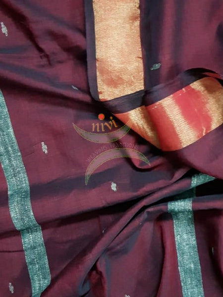 Reddish Maroon handloom dupatta subtle gold borders and buttis on the body. And striped geecha borders