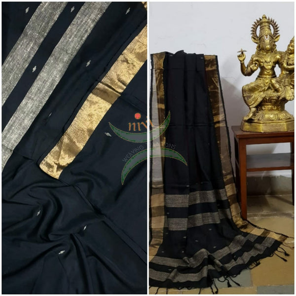 Black handloom dupatta subtle gold borders and buttis on the body. And striped geecha borders
