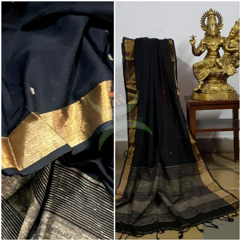 Black handloom dupatta subtle gold borders and buttis on the body. And striped geecha borders