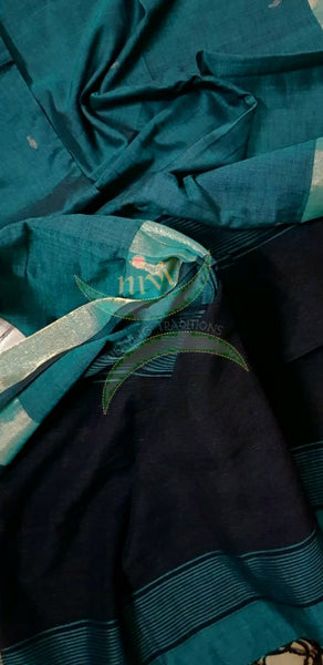 Teal green handloom dupatta subtle gold borders and buttis on the body. And contrasting black borders