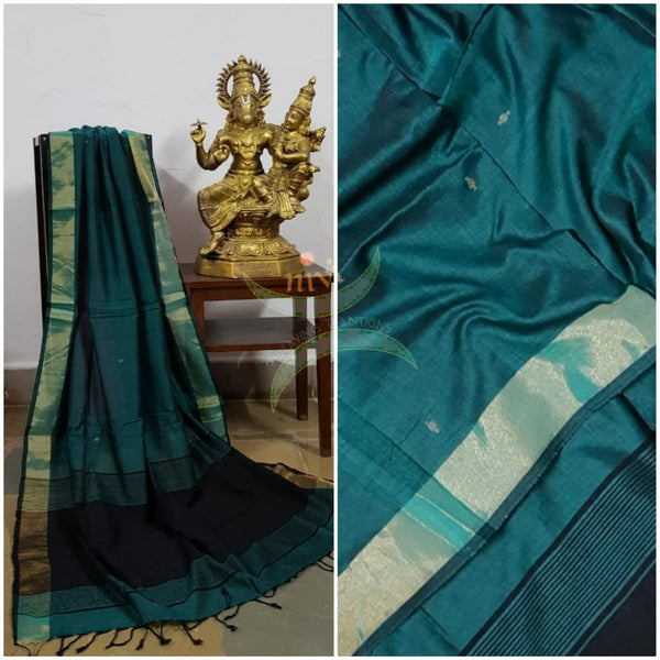 Teal green handloom dupatta subtle gold borders and buttis on the body. And contrasting black borders