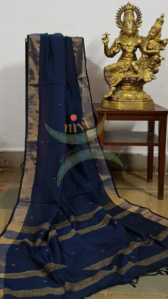 Teal blue  handloom dupatta subtle gold borders and buttis on the body. And striped geecha borders