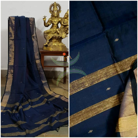 Teal blue  handloom dupatta subtle gold borders and buttis on the body. And striped geecha borders