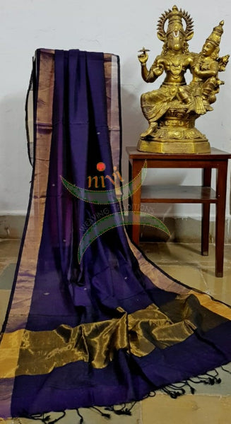 Purple handloom dupatta subtle gold borders and buttis on the body.
