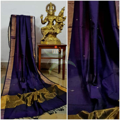 Purple handloom dupatta subtle gold borders and buttis on the body.
