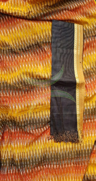 Multicoloured handloom pochampalli ikat cotton kurta fabric with contrasting brown kota cotton dupatta