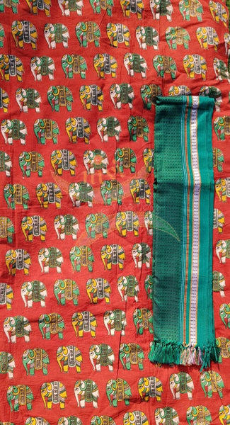 Handloom red cotton kalamkari fabric with elephant motif and contrasting green khun dupatta.