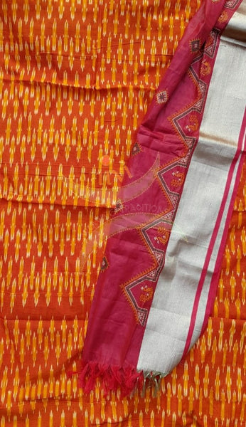 Orange handloom pochampalli ikat cotton  kurta fabric with contrasting pink kasuti embroidered dupatta.