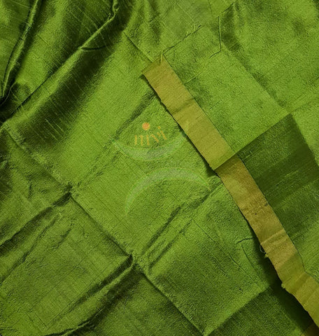 Moss green handloom raw silk blouse piece with gold border.