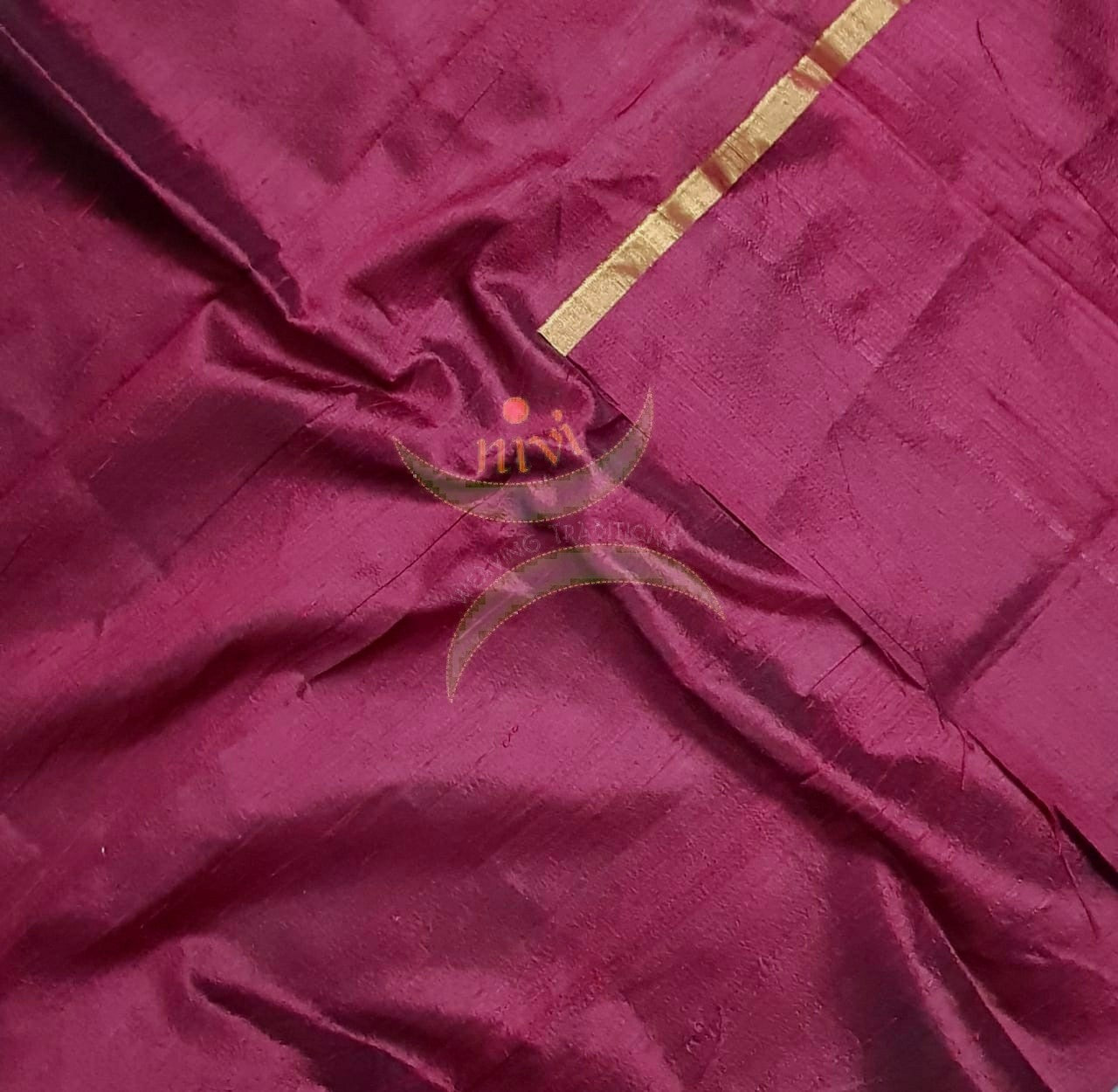 Berry coloured handloom raw silk blouse piece with gold border.