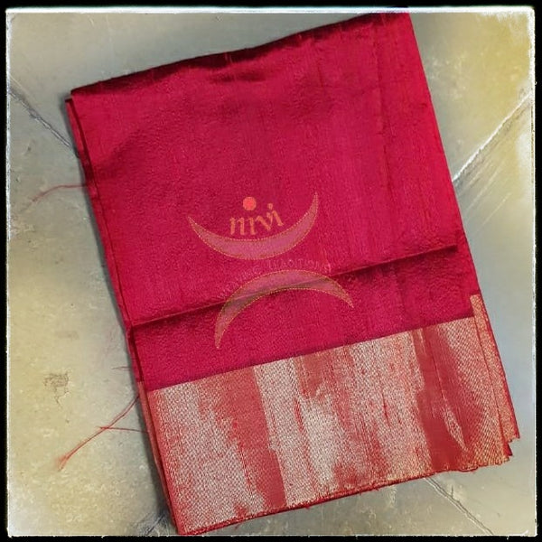 Red handloom raw silk blouse piece with gold border.