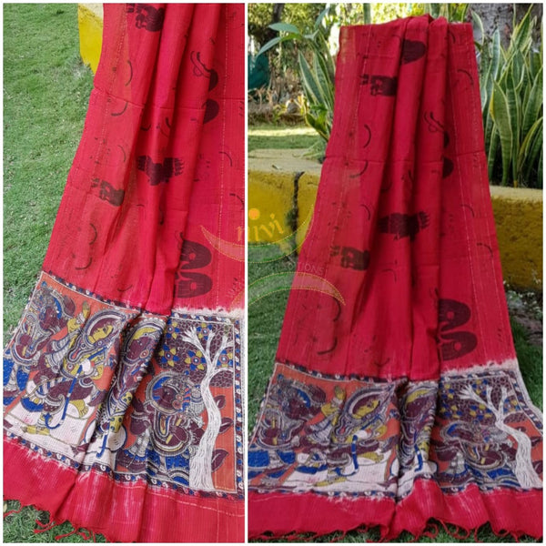 Red handloom cotton kalamkari dupatta