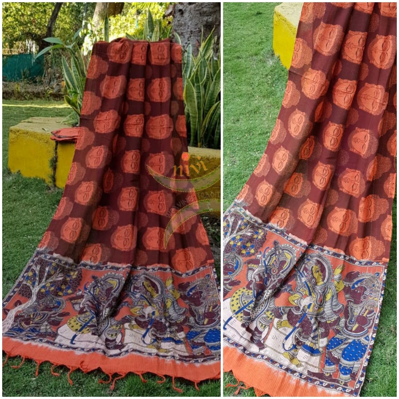 Brown handloom mul cotton kalamkari dupatta