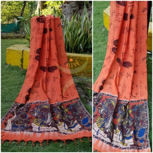 Orange  handloom cotton kalamkari dupatta