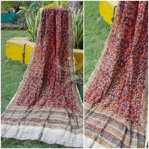 Orange handloom chanderi kora silk mercerised cotton blend kalamkari dupatta