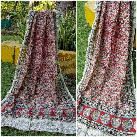 Red handloom chanderi kora silk mercerised cotton blend kalamkari dupatta