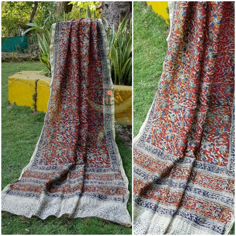 Orange handloom chanderi kora silk mercerised cotton blend kalamkari dupatta