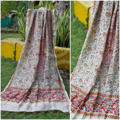 Off white handloom chanderi kora silk mercerised cotton blend kalamkari dupatta