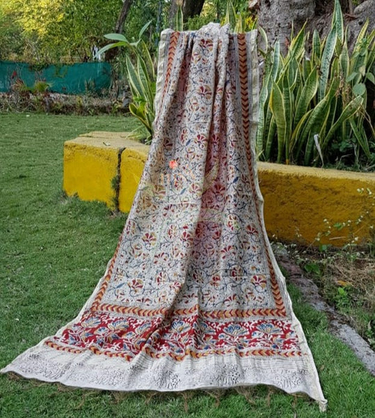 Off white handloom chanderi kora silk mercerised cotton blend kalamkari dupatta