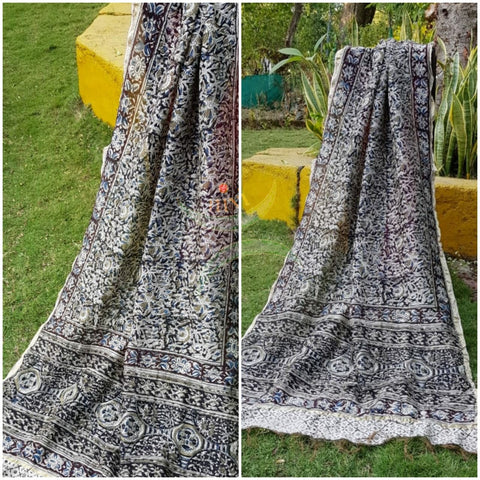 Black and off white  handloom chanderi kora silk mercerised cotton blend kalamkari dupatta