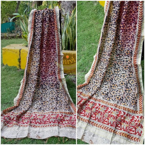 Black chanderi kora silk mercerised cotton blend kalamkari dupatta