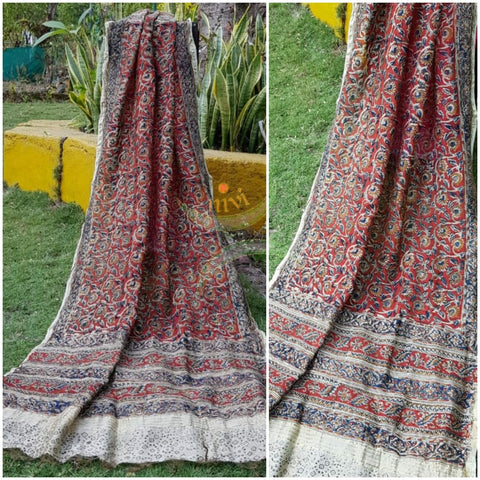 Orange handloom chanderi kora silk mercerised cotton blend kalamkari dupatta