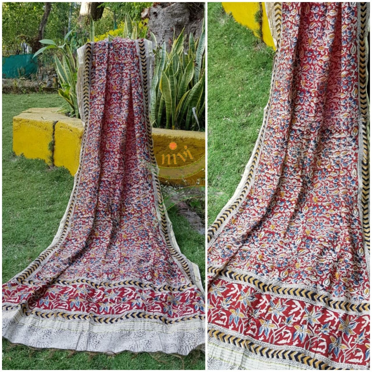 Red chanderi kora silk mercerised cotton blend kalamkari dupatta