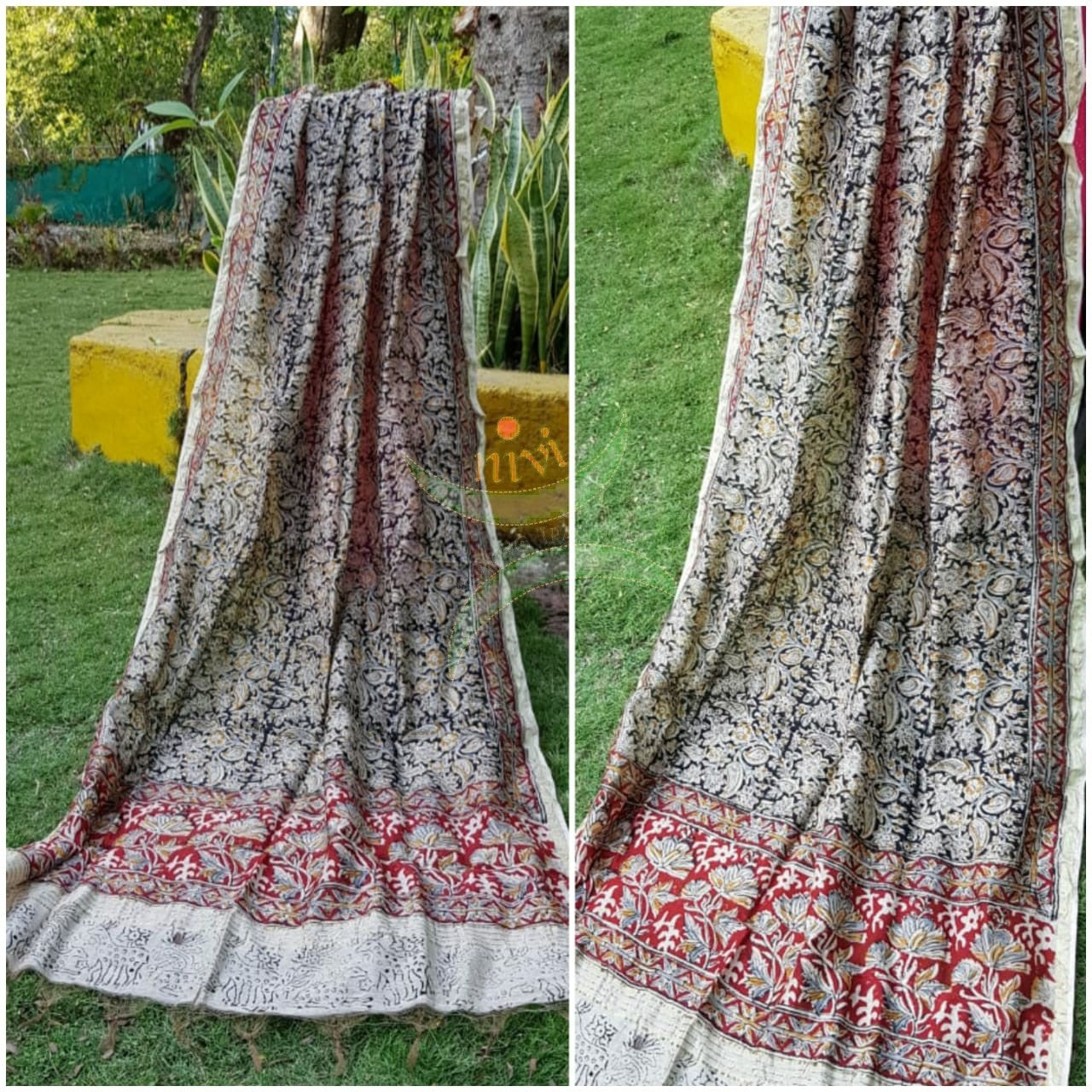 Black chanderi kora silk mercerised cotton blend kalamkari dupatta