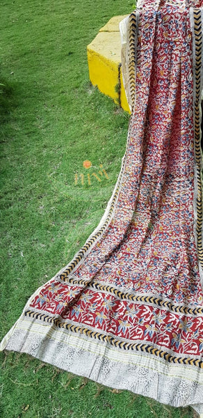 Red chanderi kora silk mercerised cotton blend kalamkari dupatta